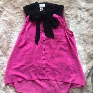 Pink and black blouse with ribbon neck